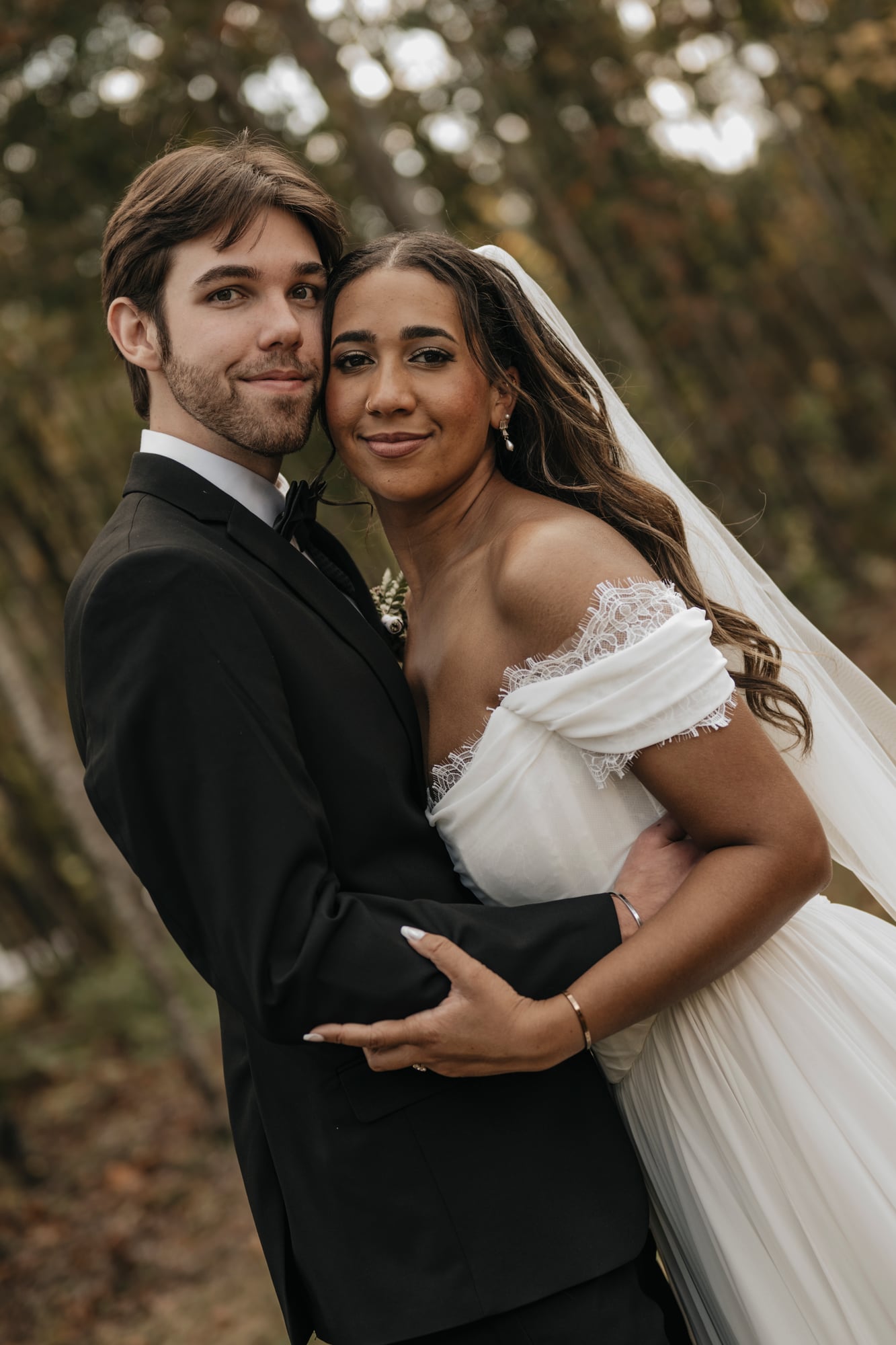 Close portrait of the bride and groom at their wedding venue